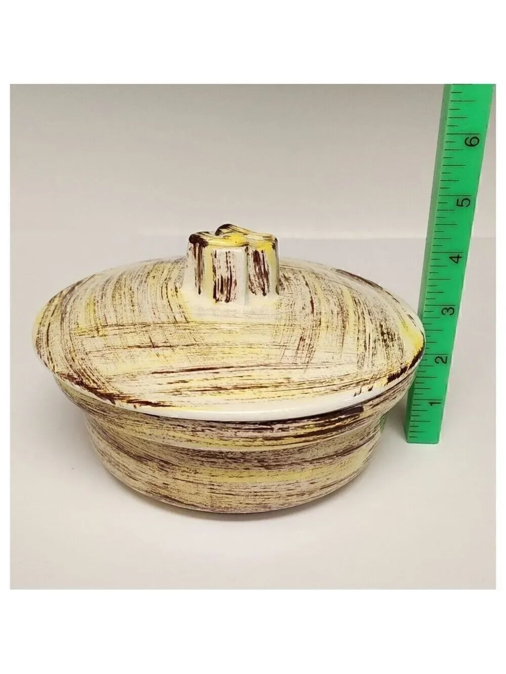 Vernonware Mid Century Brown, Ivory Yellow Ceramic Serving Dish w Lid 7x4.5